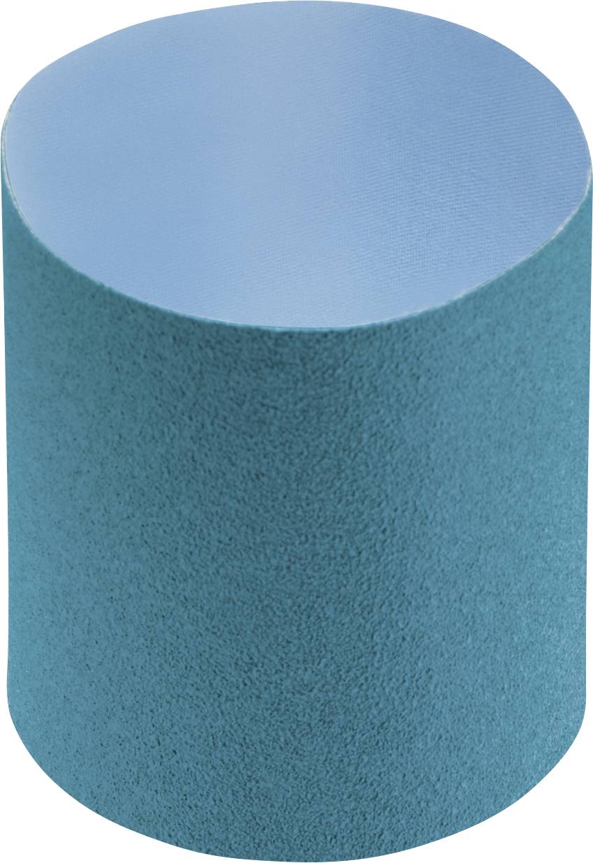 Een blauwe, cilindrische spons, verticaal gepositioneerd.