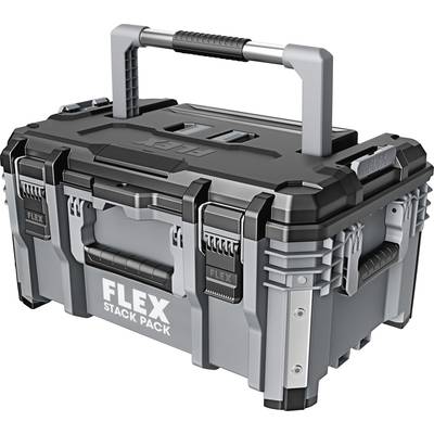 'FLEX STACK PACK' Gereedschapsopslagkoffer, grijs-zwart, robuuste kunststof, met handgrepen en sluitklemmen.