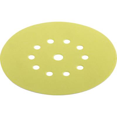 Gele ronde schuurschijf met negen gaten voor stofafzuiging, gebruikt in schuurapparatuur voor oppervlaktebewerking.