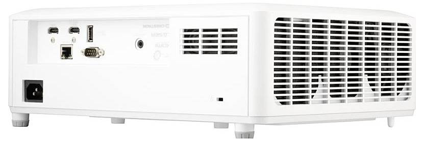 Een witte projector met meerdere aansluitopties, waaronder HDMI, USB en Ethernet, op een witte achtergrond.