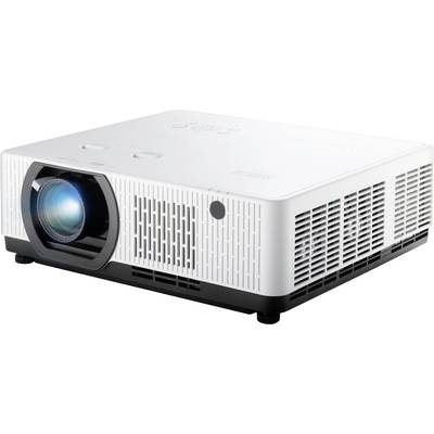 Een witte projector met zichtbaar objectief ligt in een verlichte ruimte. Hij is geschikt voor presentaties en filmvertoningen.