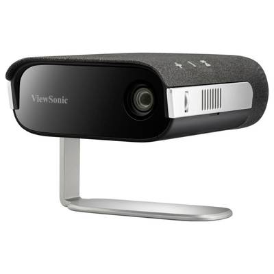 Een zwarte ViewSonic-projector met metalen standaard, geschikt voor thuisbioscoop of presentaties, op een witte achtergrond.