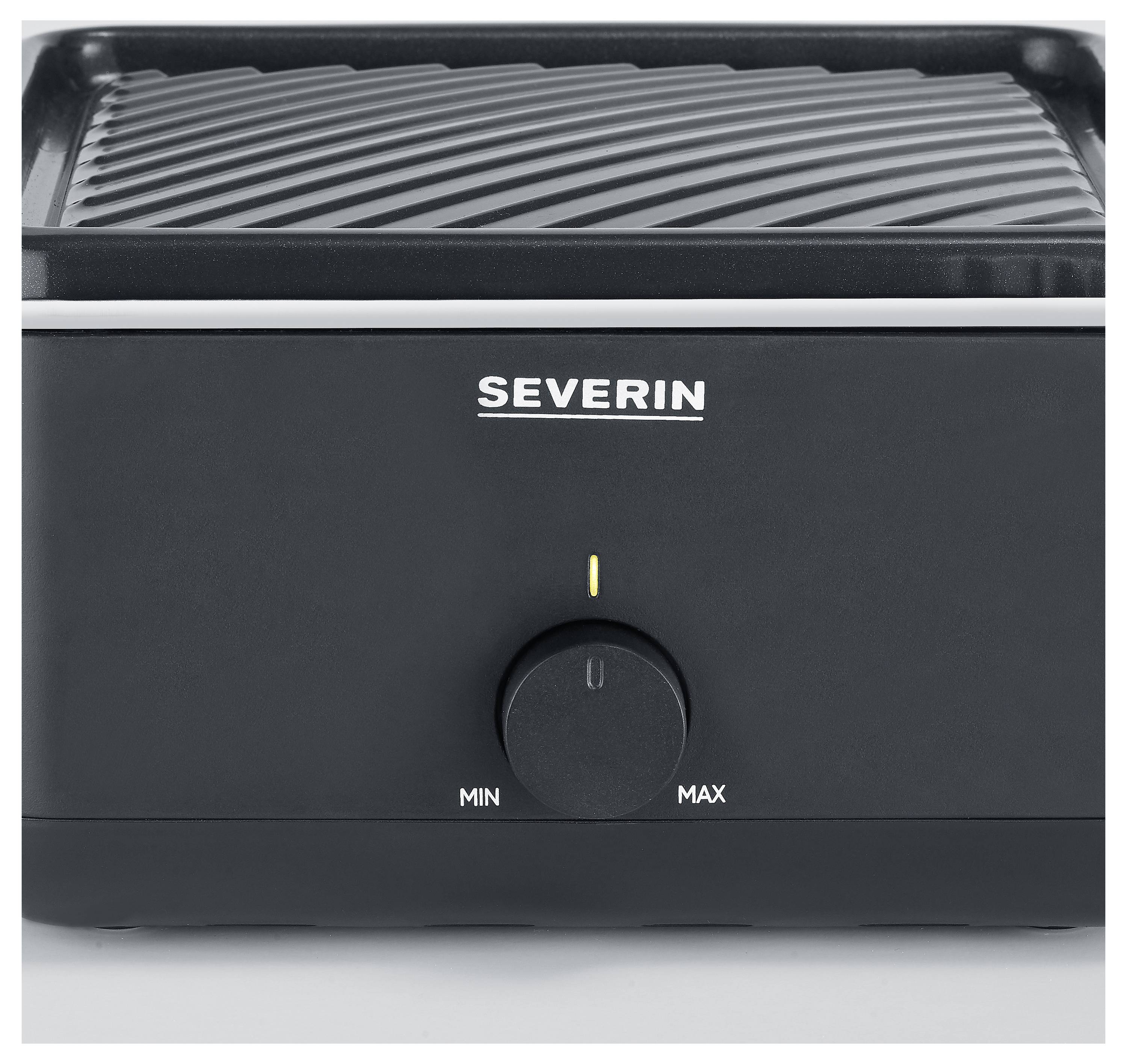 De afbeelding toont een zwarte elektrische grill van het merk Severin met een draaiknop voor temperatuurinstelling van 'Min' tot 'Max'.