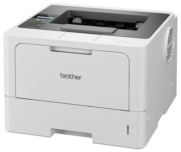 Een witte laserprinter met het merknaam "Brother" op de voorkant. Boven bevindt zich de papieruitvoerlade.