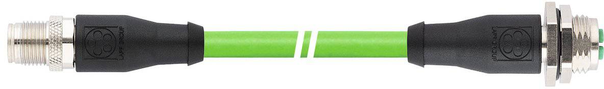 Groen verbindingskabel met zwarte connectoren aan beide uiteinden voor industriële toepassingen. Links mannelijke connector, rechts vrouwelijke connector.