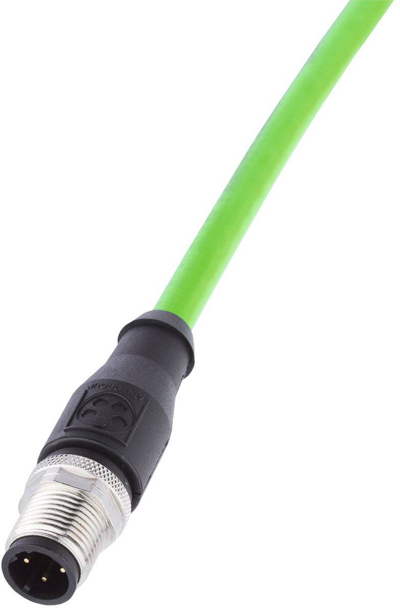 Groen industrieel Ethernet-kabel met M12-connector, rechte uitvoering. Connector van metaal met vier pinnen. Kabel voor industriële netwerken.