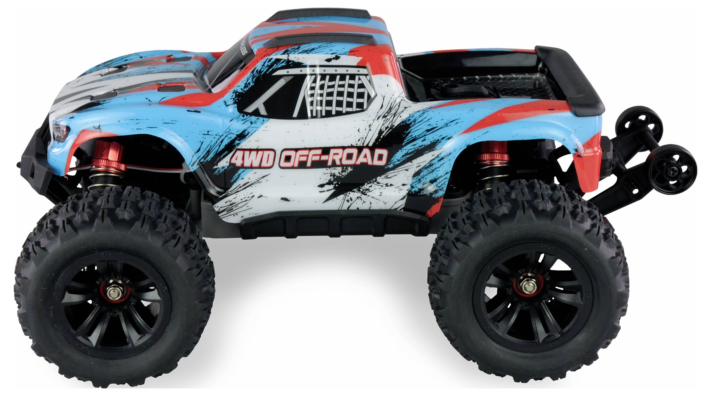 Afstandsbediend off-road speelgoedauto in blauw en rood met grote banden en de tekst '4WD OFF-ROAD' aan de zijkant.