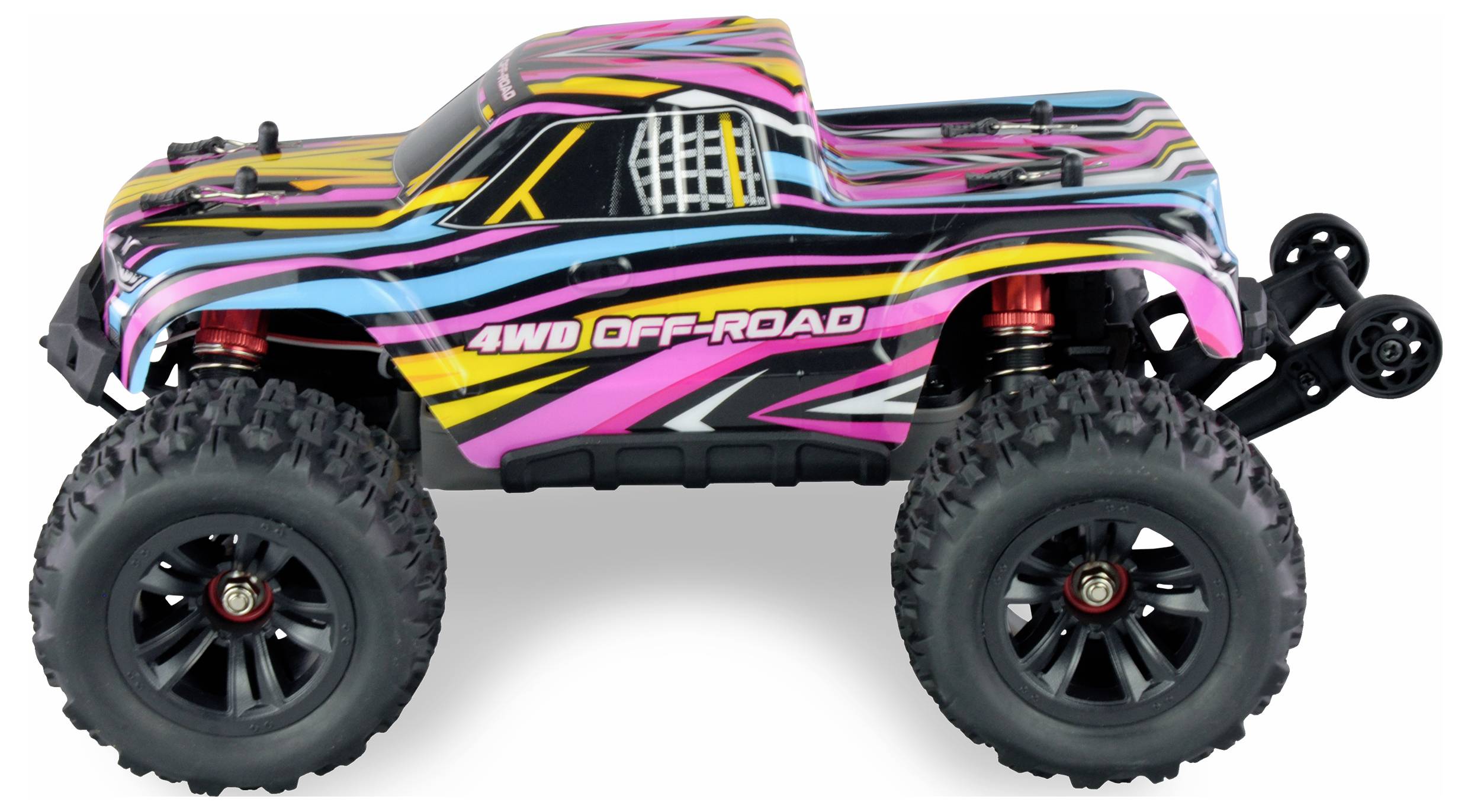 Speelgoedterreinwagen met een kleurrijk strepenpatroon, met de tekst '4WD OFF-ROAD' zichtbaar aan de zijkant.