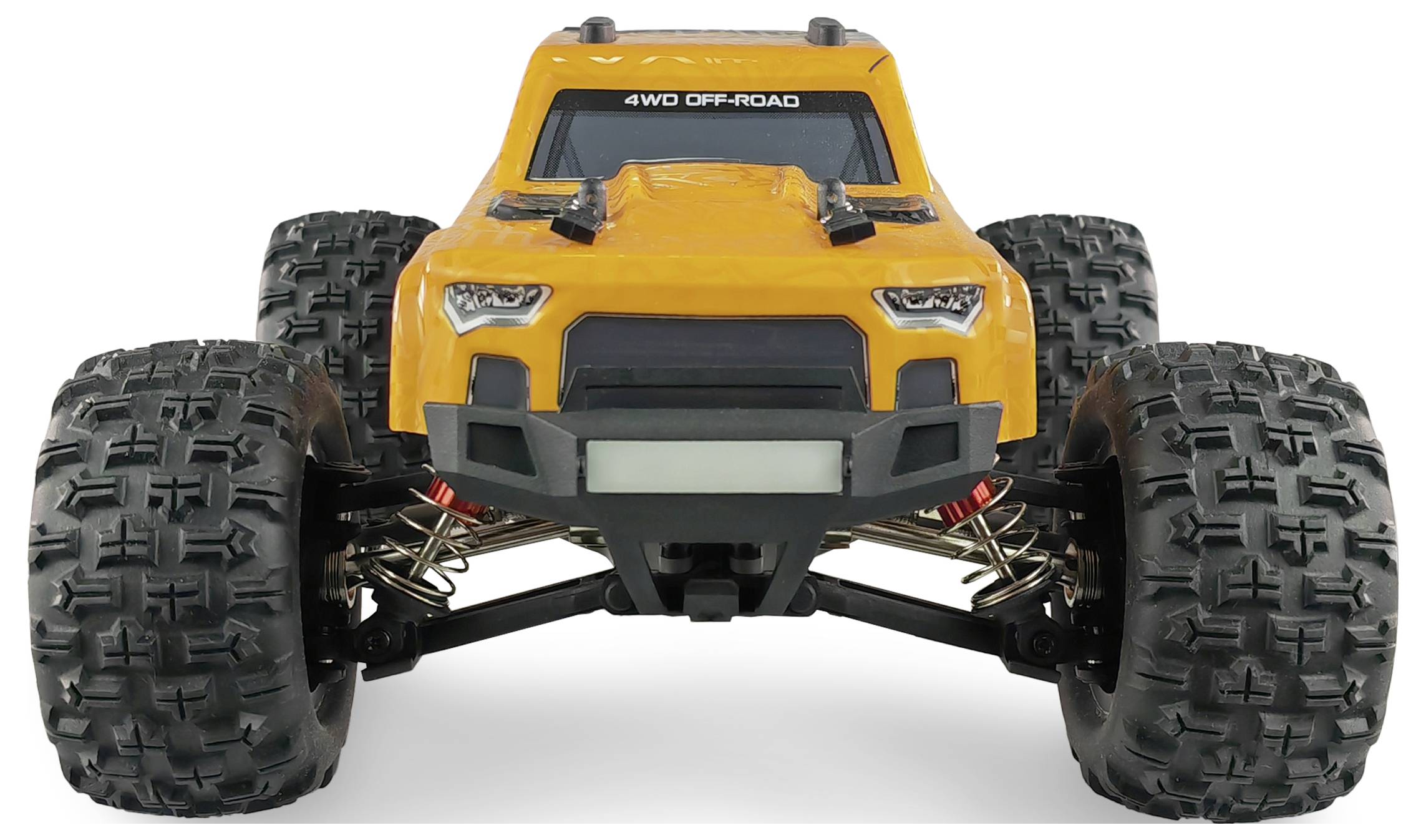 Speelgoedauto in felgeel, in 4WD-ontwerp met grove profielband, vooraanzicht.