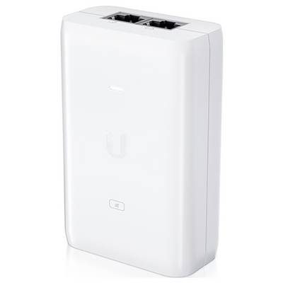 Een witte netwerk-switch met twee Ethernet-poorten aan de bovenkant en een logo aan de voorkant.