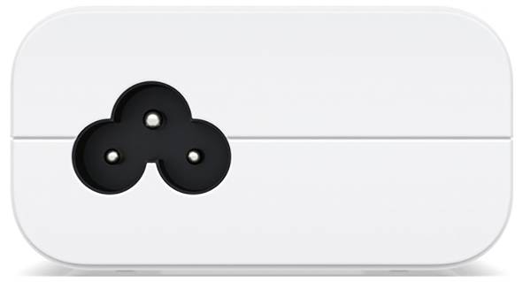 Witte rechthoekige doos met afgeronde hoeken en een driehoekige aansluiting aan de linkerzijde.