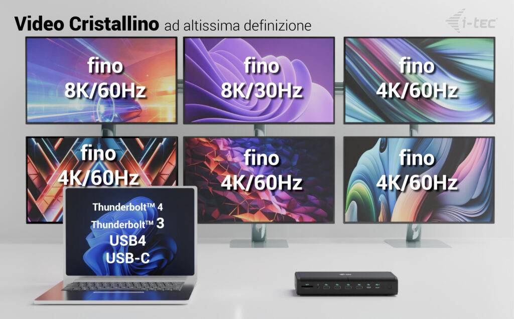 Zes monitoren tonen verschillende resoluties en vernieuwingsfrequenties (8K/60Hz, 8K/30Hz, 4K/60Hz). Een laptop en een dockingstation bevinden zich daaronder.