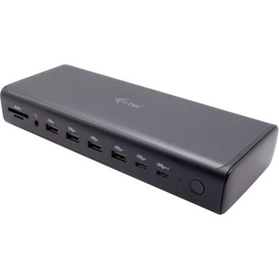 Een zwart, rechthoekig USB-dockingstation-apparaat met meerdere USB-poorten, een SD-kaartsleuf en een netschakelaar.