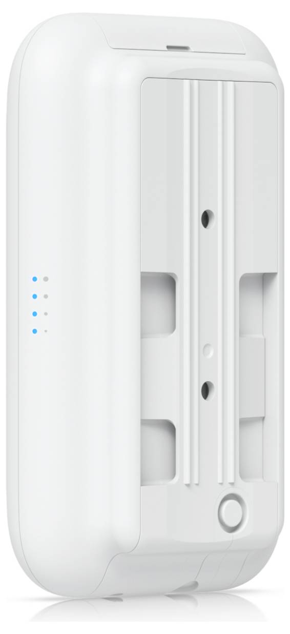 Een wit, rechthoekig apparaat met afgeronde hoeken en een klein, blauw LED-lampje onderaan in het midden.