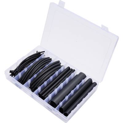 Een open plastic organizer met verschillende zwarte krimpkousen in verschillende maten, netjes gesorteerd in vakjes.