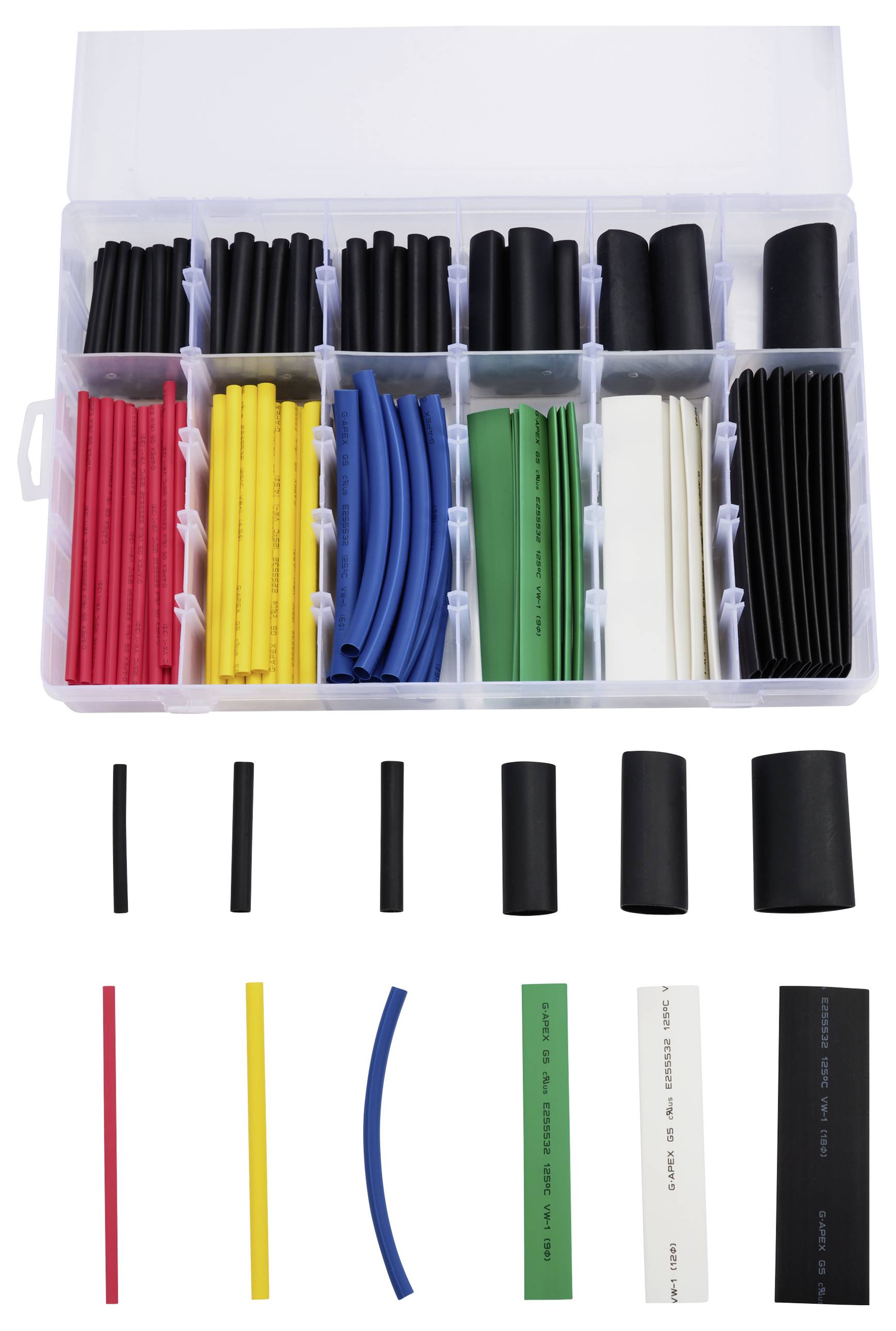 Een assortimentsdoos met krimpkousen in verschillende kleuren, gesorteerd op kleur: Zwart, Rood, Geel, Blauw, Groen en Wit.