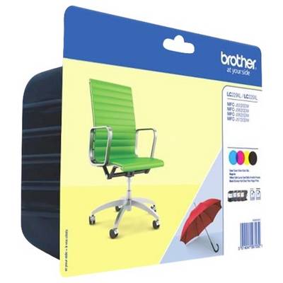 Productpakket met een afbeelding van een groene bureaustoel en een paraplu. Het merk 'brother' is zichtbaar in de rechterbovenhoek.