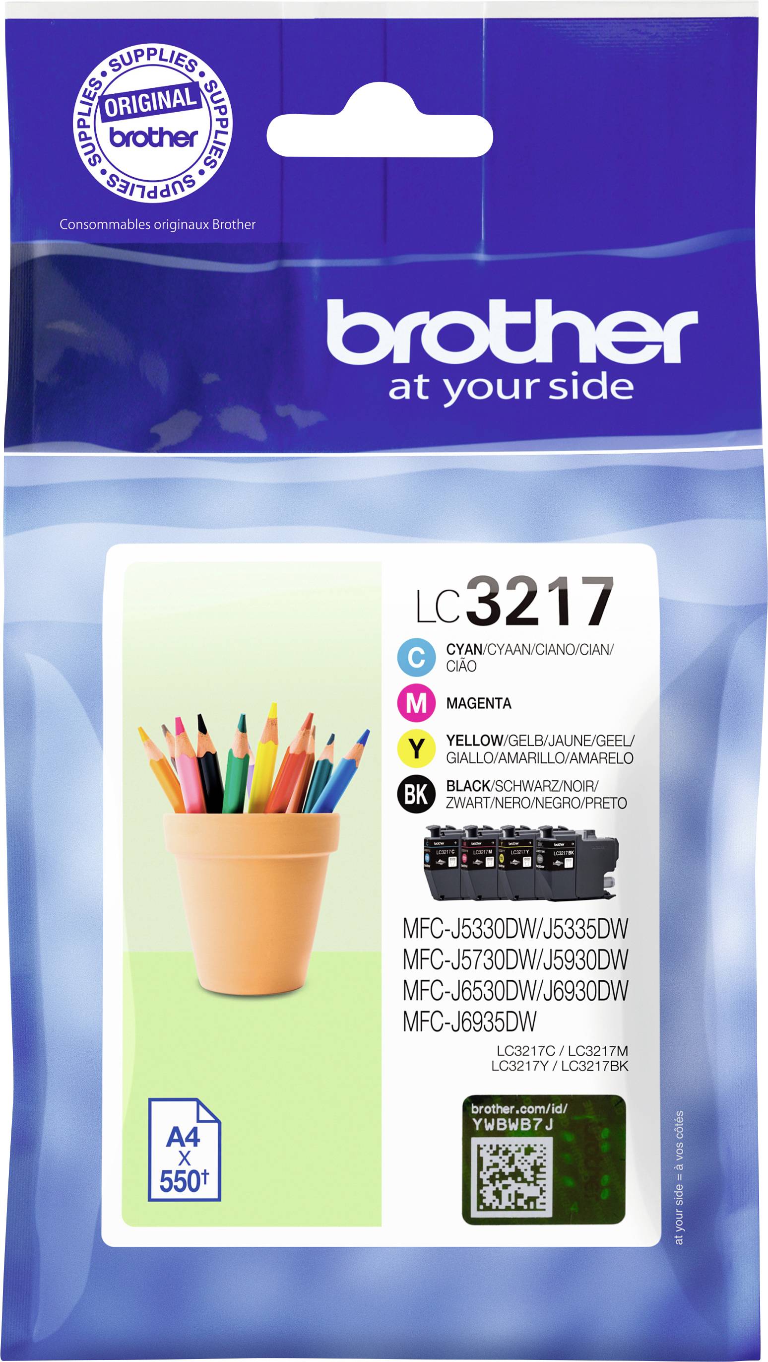 Verpakking van een Brother-inktcartridge, model LC3217, geschikt voor verschillende printermodellen, met een capaciteit van 550 pagina's.