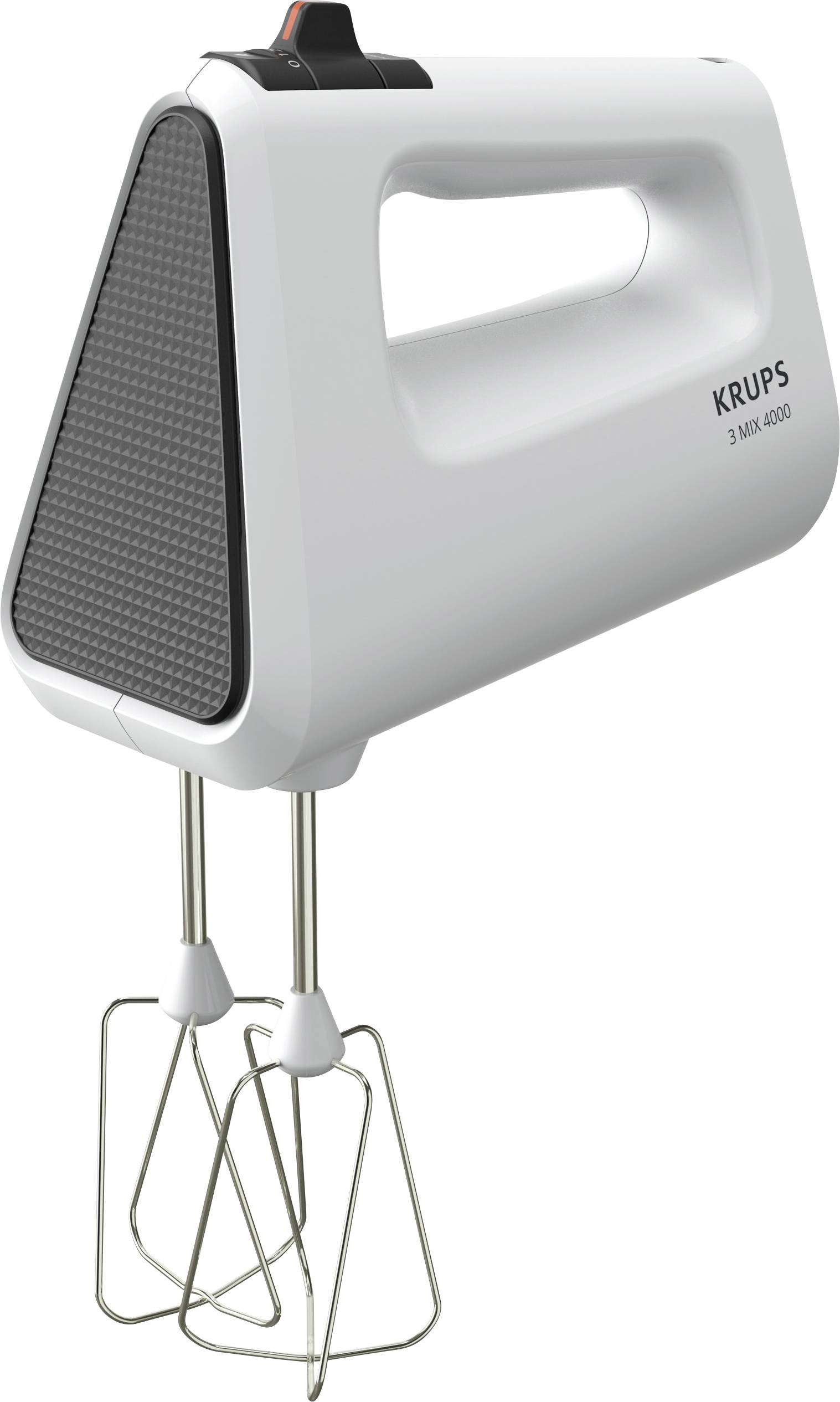 Een witte handmixer met twee garden en een ergonomische handgreep, aan de zijkant voorzien van de tekst 'KRUPS 3 MIX 4000'.