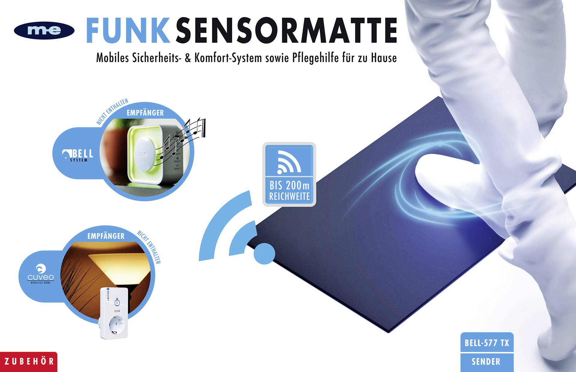 Een vloermat met sensortechnologie die als mobiel veiligheids- en comfortsysteem fungeert. Bereik tot 200m. Toont ontvanger en zender.