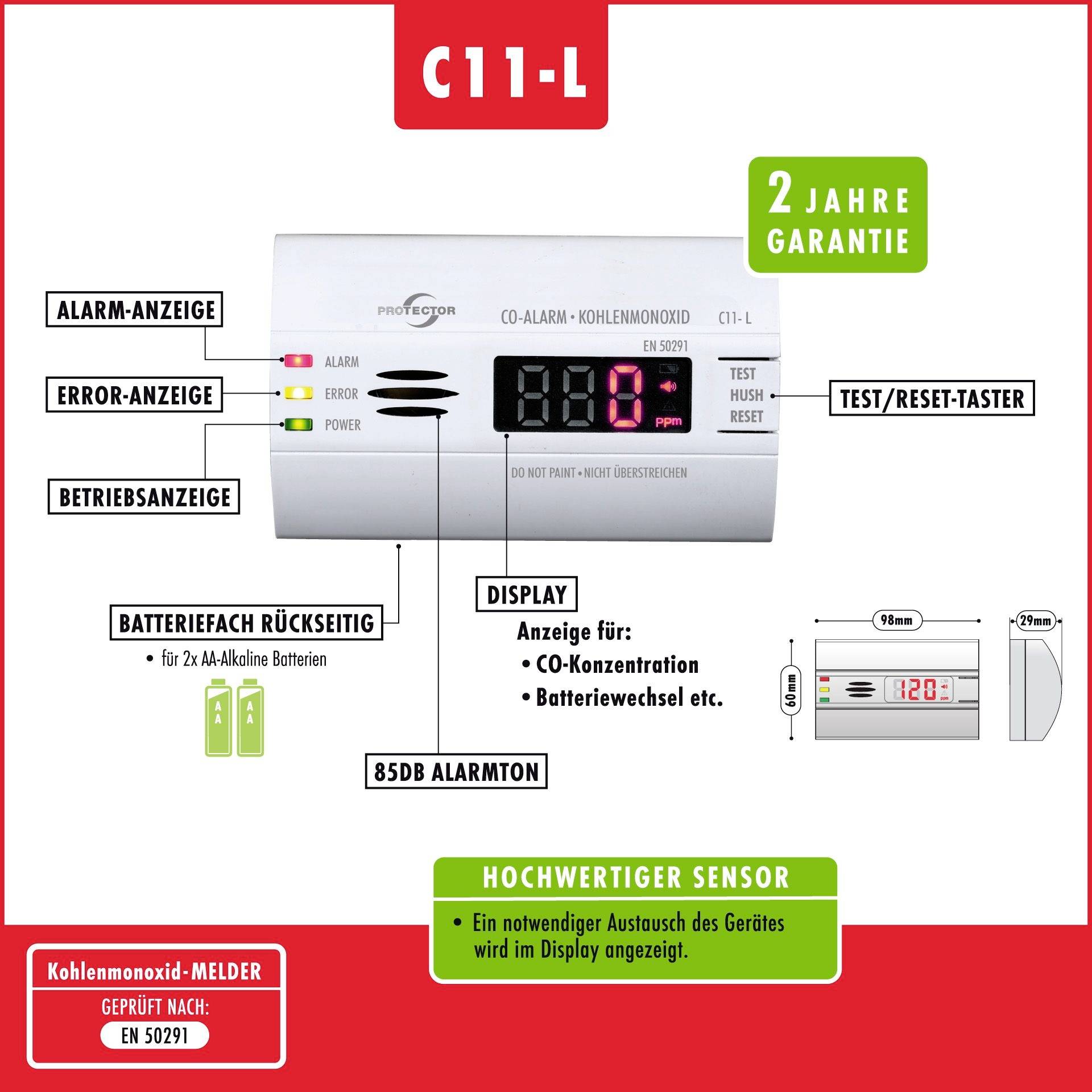 Koolmonoxide-melder C11-L met alarmmelding, bedrijfsindicator, batterij-indicator en test-reset-knop. 2 jaar garantie. Hoogwaardige sensor.