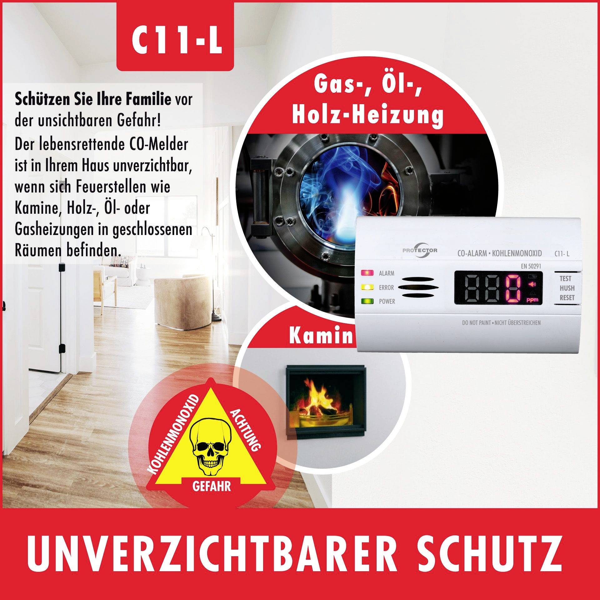 'Aankondiging voor een koolmonoxide-melder: Beschermt tegen koolmonoxide-gevaar van gas-, olie- en houtkachels. Toont binnenruimte, vlammen en detector.'