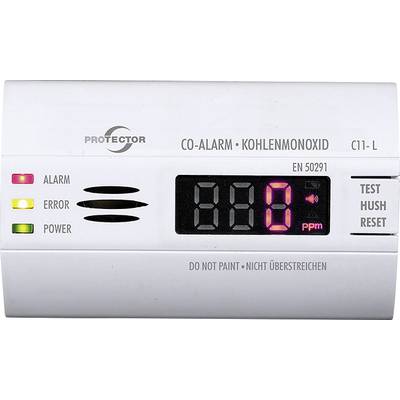 Koolmonoxide-detector met digitaal display toont '888 ppm', statusaanduidingen voor alarm, storing en stroom, knoppen voor test, pauze en reset.