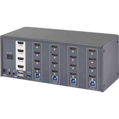 Een zwart elektronisch apparaat met meerdere HDMI-, USB- en pc-aansluitingen, geschikt voor het aansluiten en gebruiken met pc's.