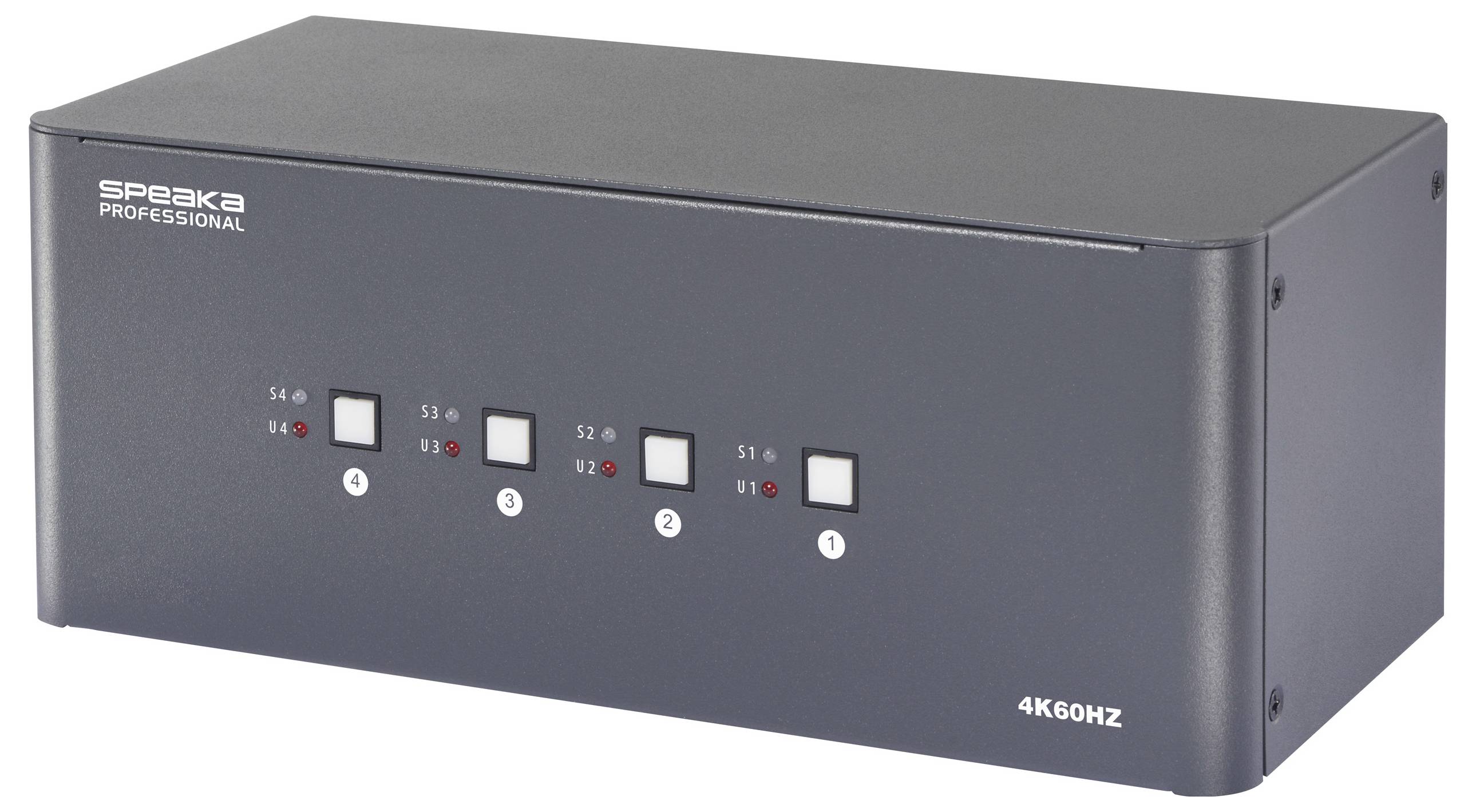 Zwarte HDMI-splitter met vier ingangen, frontopdruk 'speak PROFESSIONAL 4K60HZ', LED-indicatoren en druktoetsen.