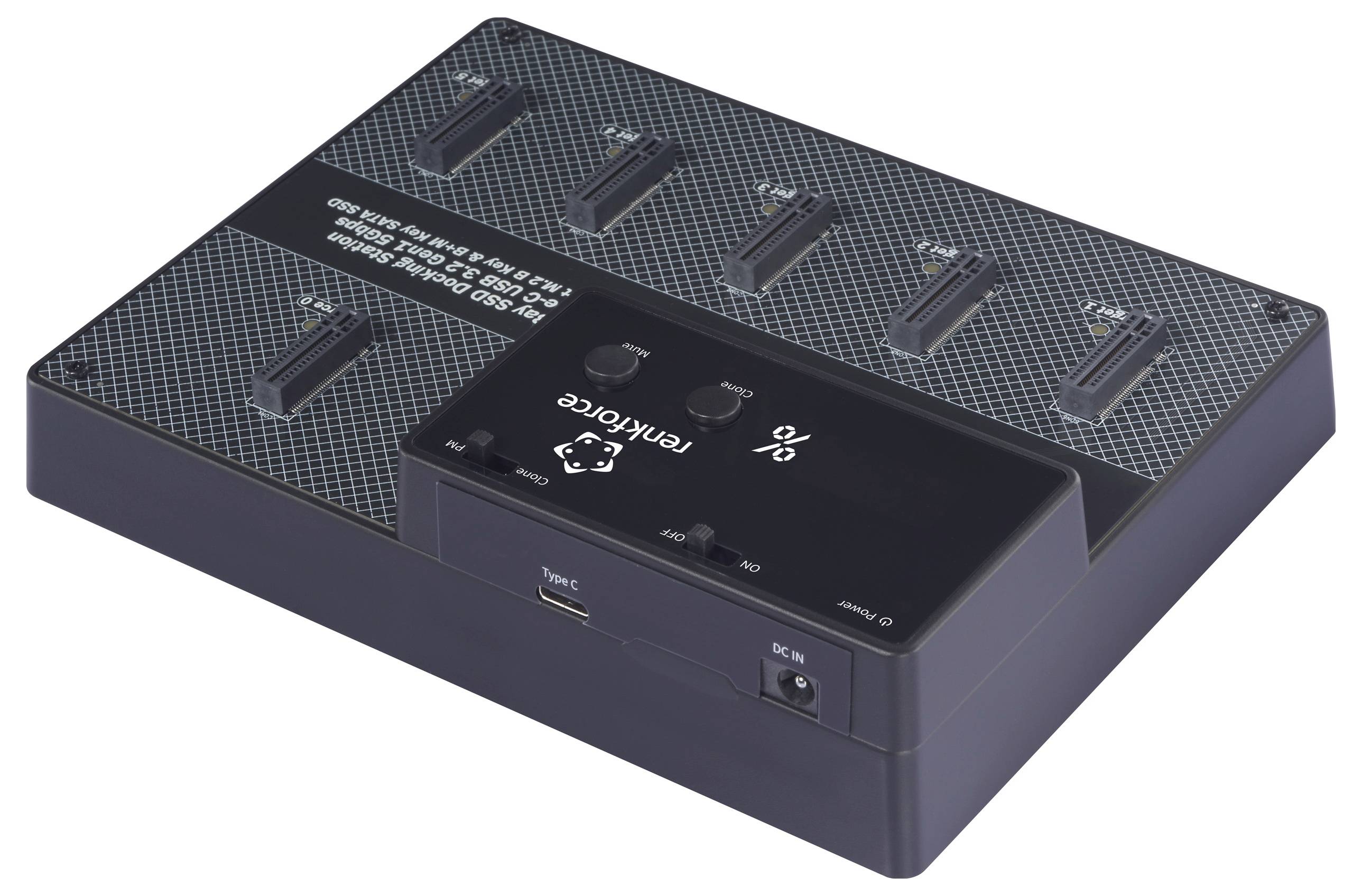 Oplader met zes aansluitingen voor e-sigarettenapparaten, USB-aansluiting aan de zijkant, op een witte achtergrond.