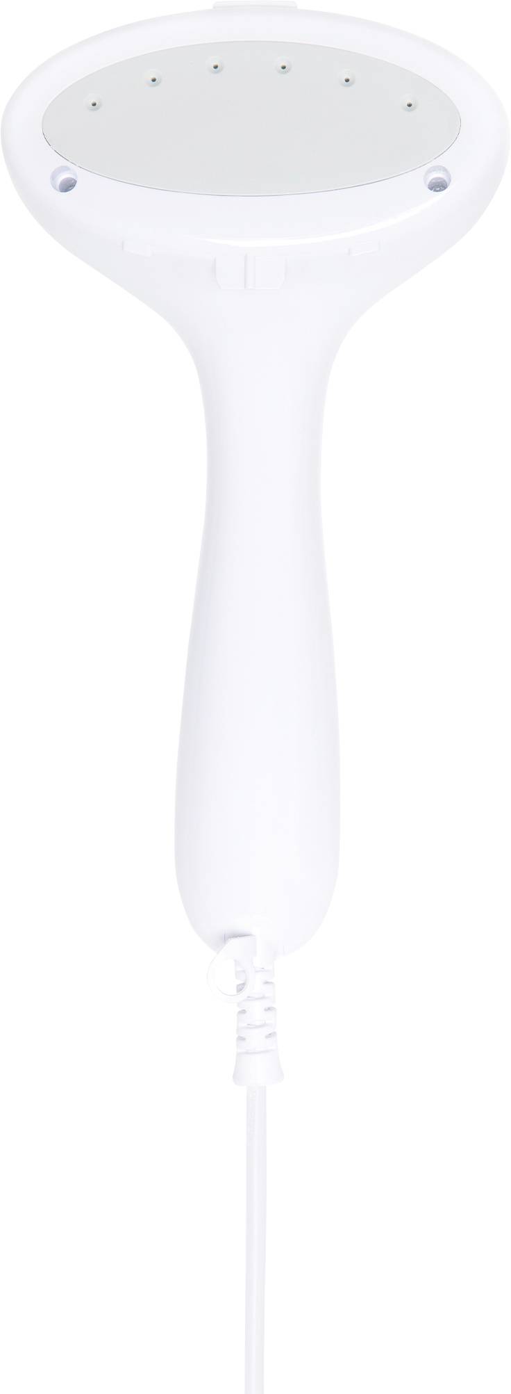 Een witte handstoomreiniger met een rond hoofd en een stekker, gebruikt voor het verwijderen van vouwen in kleding.