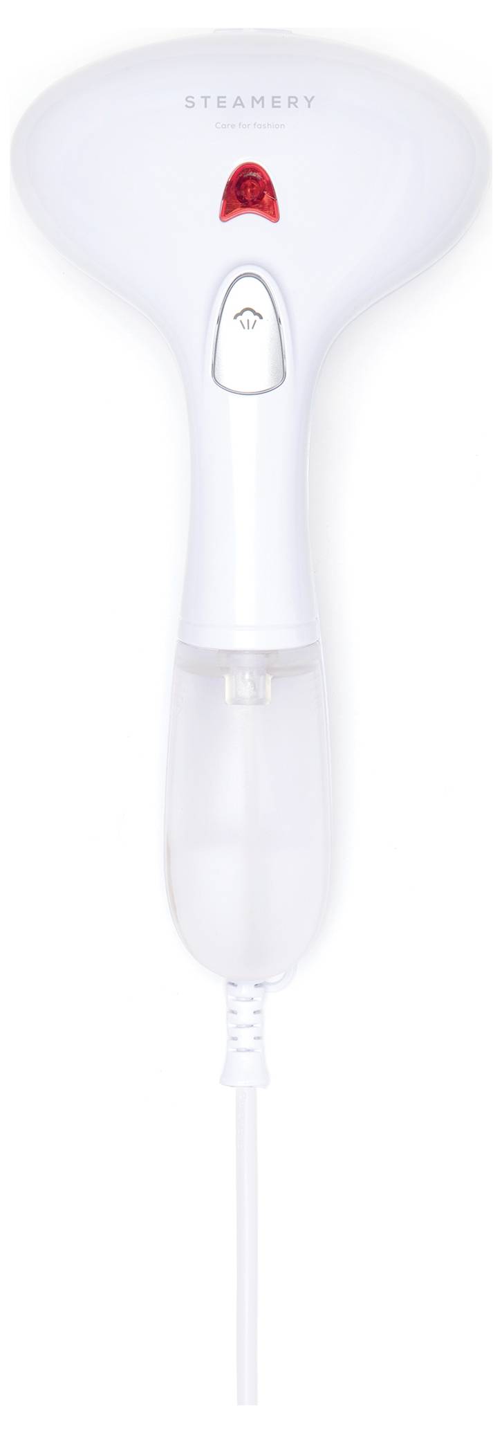 Een witte handstomer met waterreservoir, geschikt voor het strijken van kleding. Bovenaan bevindt zich een rood lampje.