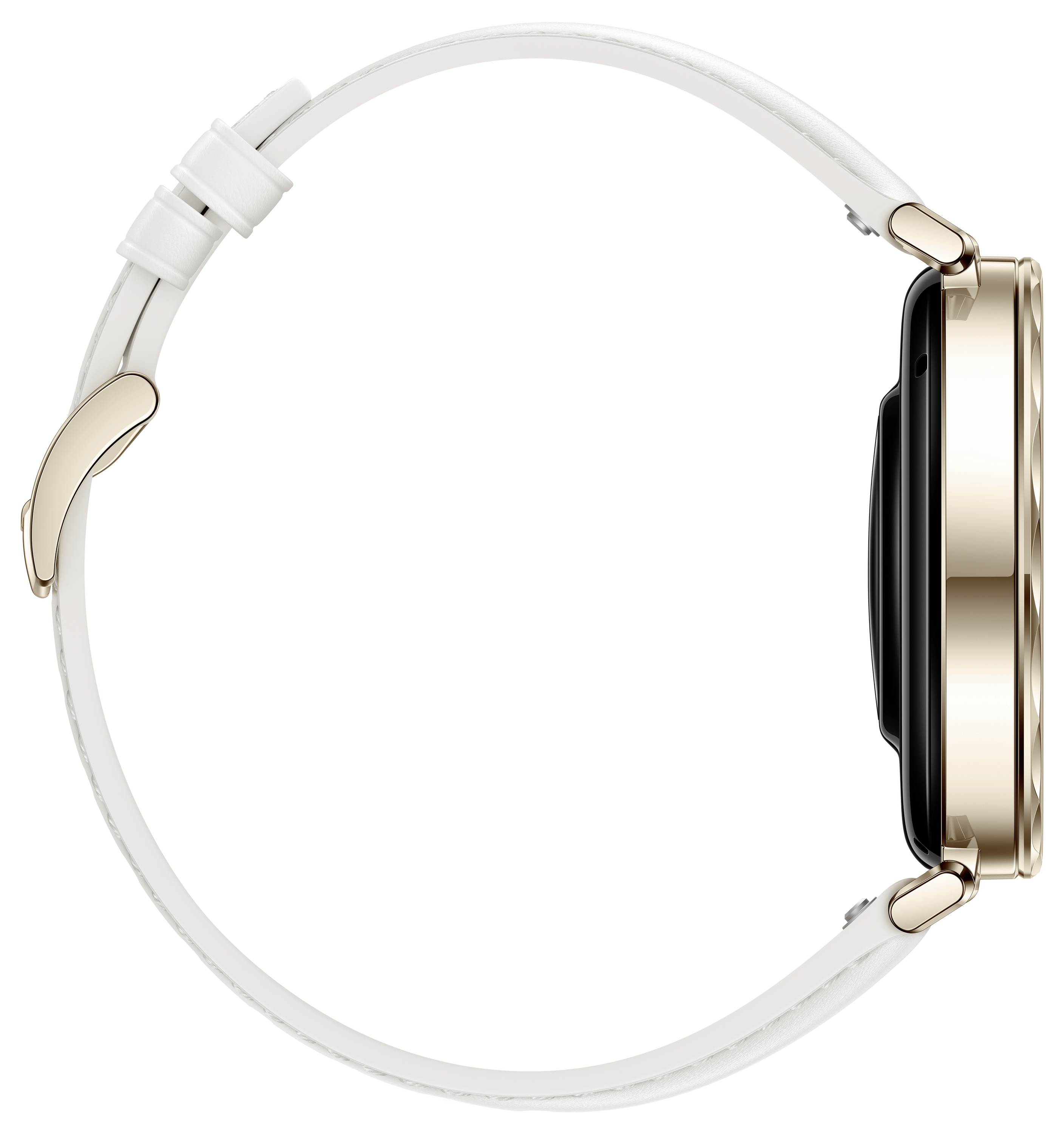 Smartwatch met goudkleurige behuizing en wit bandje, zijaanzicht.