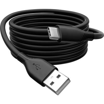 Een opgerolde zwarte USB-C-kabel met een USB-A-stekker aan het ene uiteinde en een USB-C-stekker aan het andere uiteinde.