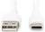 Een wit USB-kabel met USB-A-stekker links en USB-C-stekker rechts, weergegeven vanuit een zijaanzicht.