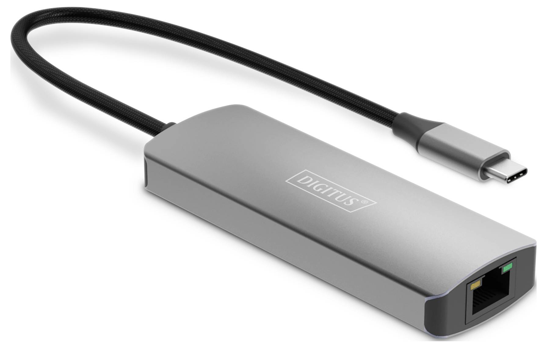 Een zilveren USB-C naar Ethernet-adapter met een zwart kabel en Ethernet-aansluiting voor bedraade netwerken.