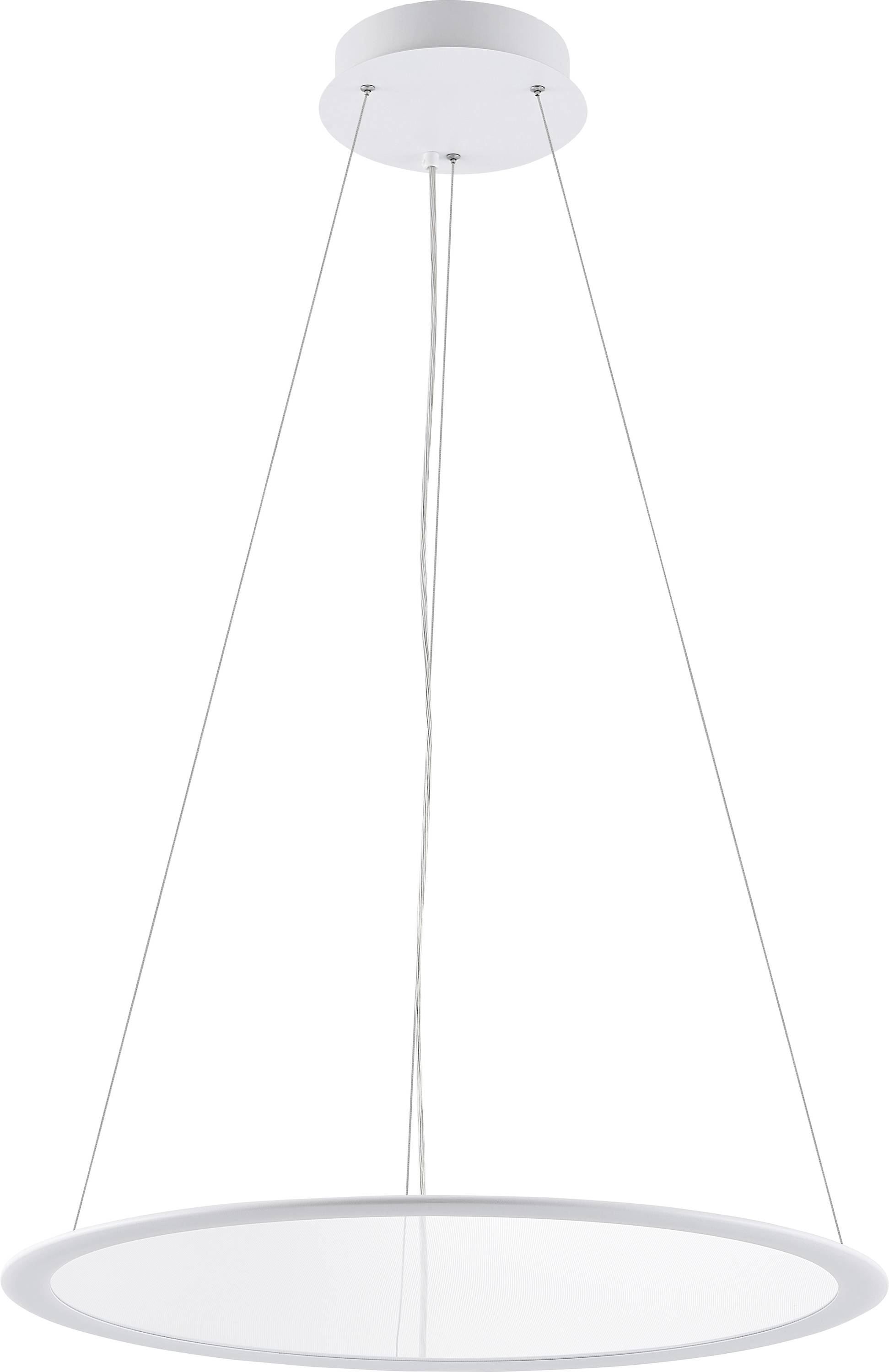 Een moderne plafondlamp met een rond, wit frame, opgehangen aan dunne kabels. Ideaal voor hedendaagse interieurs.
