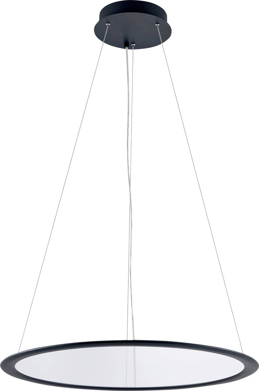 Hanglamp met zwart frame en rond, wit verlichtingsoppervlak, bevestigd aan dunne kabels, geschikt voor moderne interieurs.