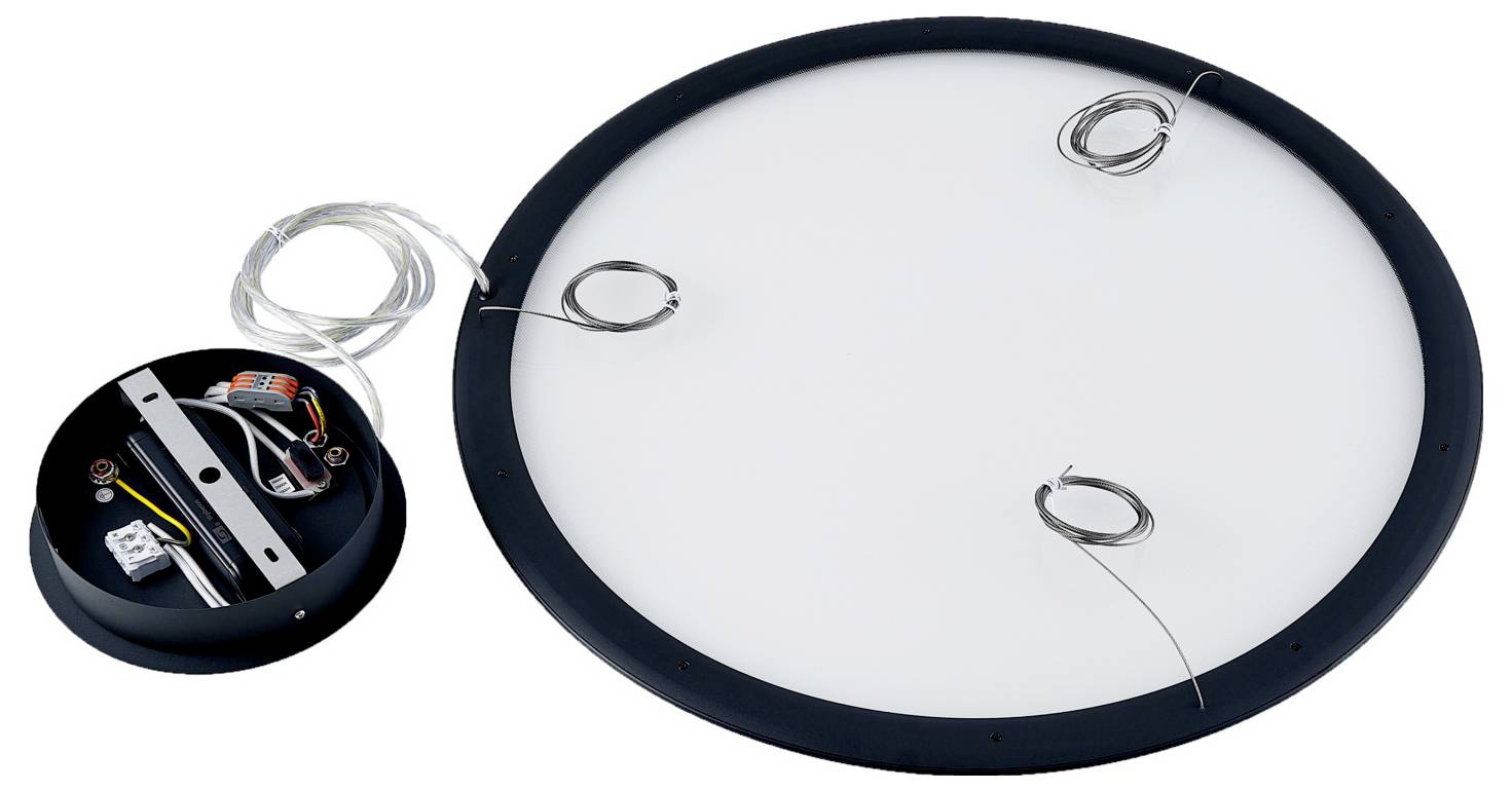 Ronde zwarte LED-paneellamp met zichtbare achterkant-bedrading en hangende draadlussen, weergegeven met een losgemaakt zijaanzicht van de onderdelen van de armatuur.