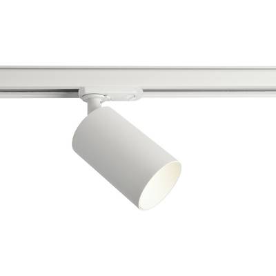 Een witte railverlichting met een cilindrisch ontwerp, gemonteerd aan het plafond, oogt modern en minimalistisch.