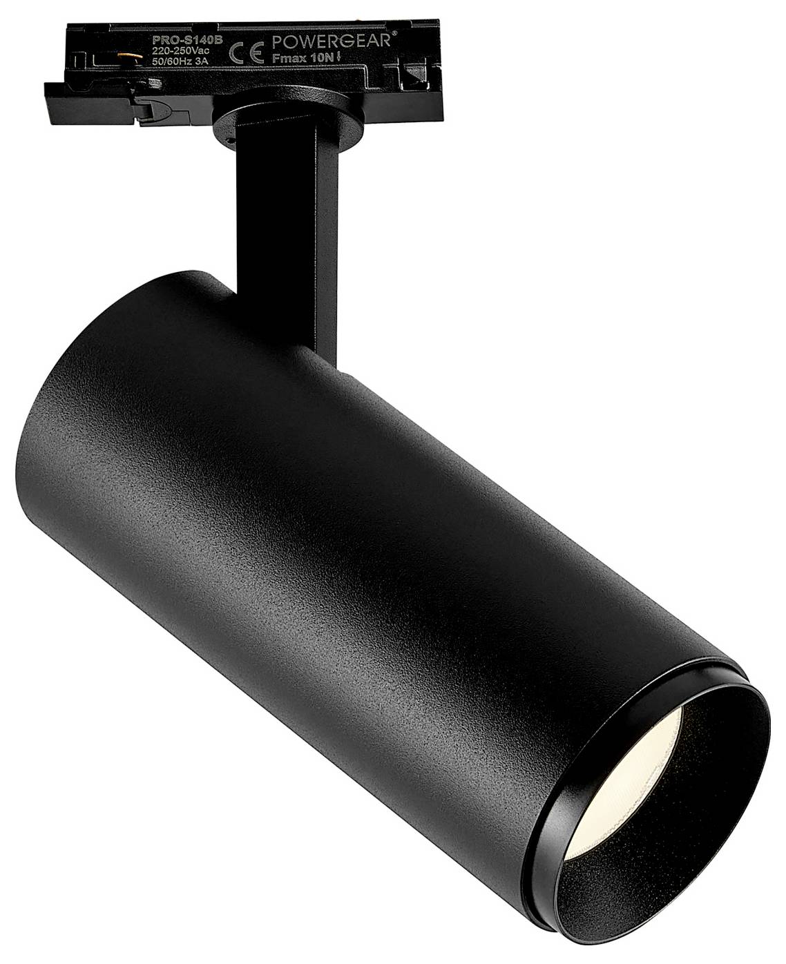 Zwarte cilindrische railspot die naar beneden gericht is op een plafondrailbevestiging, met de verlichte lensopening aan de voorkant.