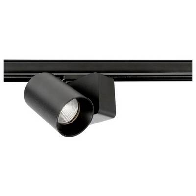 Zwarte, cilindrische plafondspot op een rail, straalt helder licht uit. Ideaal voor gerichte verlichting in binnenruimtes.