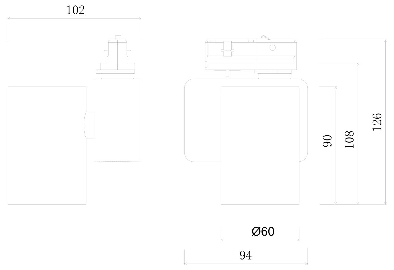 Technische maatvoeringtekening van een rechthoekig apparaat, met voor- en zijaanzicht en maten 102, 94, 126, 108, 90 en diameter Ø60.