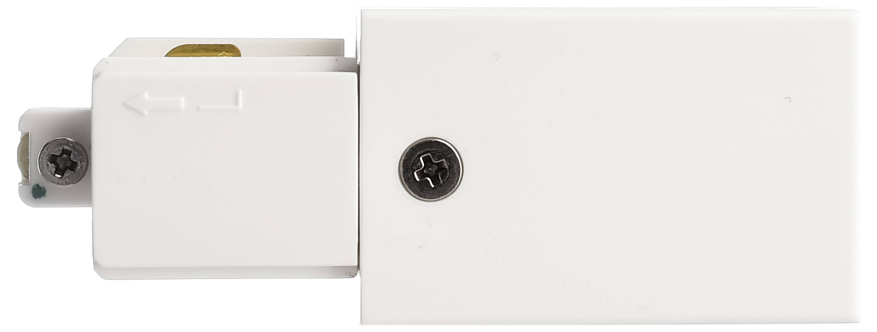 Een witte elektrische aansluitblok bevestigd met schroeven. Links wijst een pijl de aansluitrichting aan.