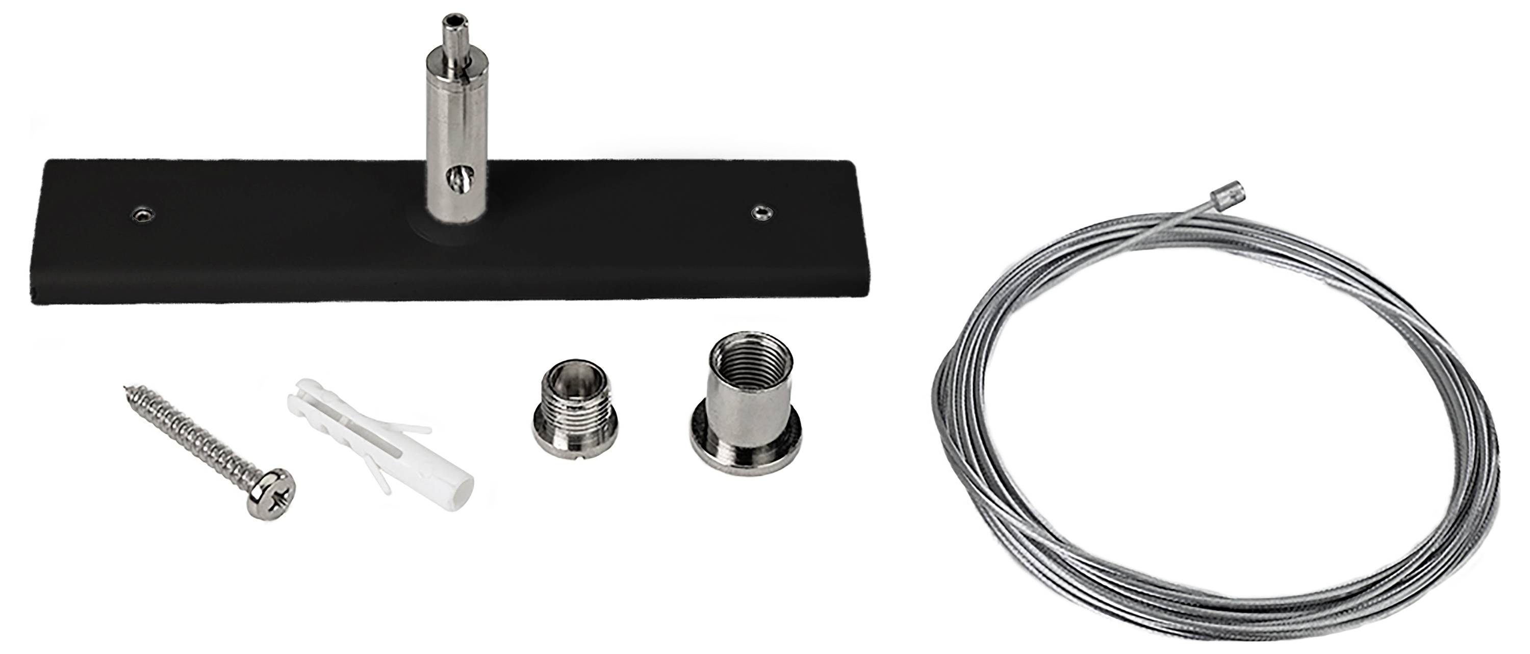 Montageset met zwarte plaat, schroef, plug, metalen bevestigingsonderdelen en kabel, voor montage of ophanging binnenshuis.