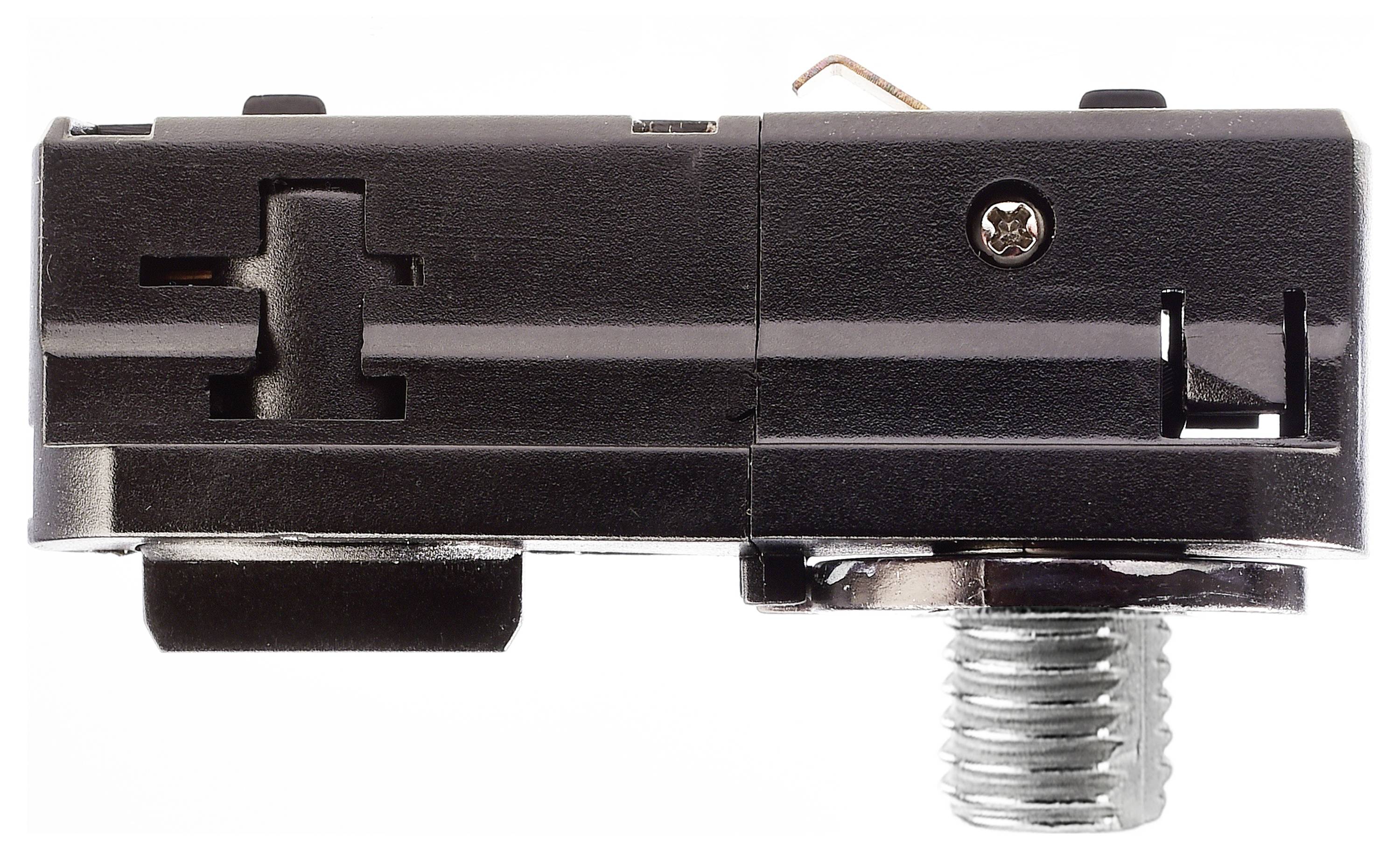 Een zwart kunststof onderdeel met schroefverbinding en ronde metalen schroefdraad onderaan. Het lijkt een elektrisch of mechanisch component te zijn.