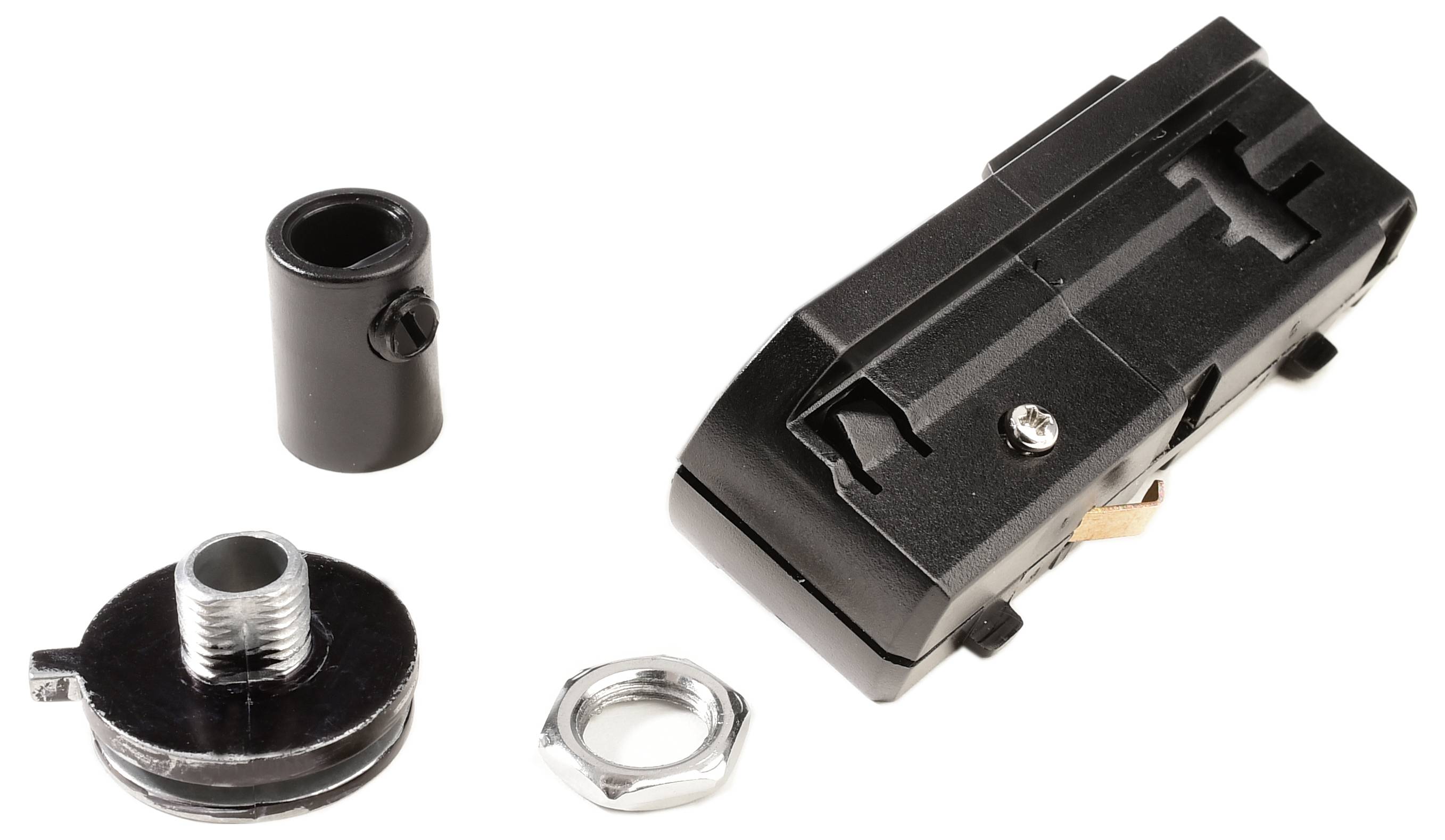 'Set van zwarte en zilveren componenten, waaronder een langwerpige eenheid met schroefbevestigingspunten, een cilindrisch stuk en een moer.'