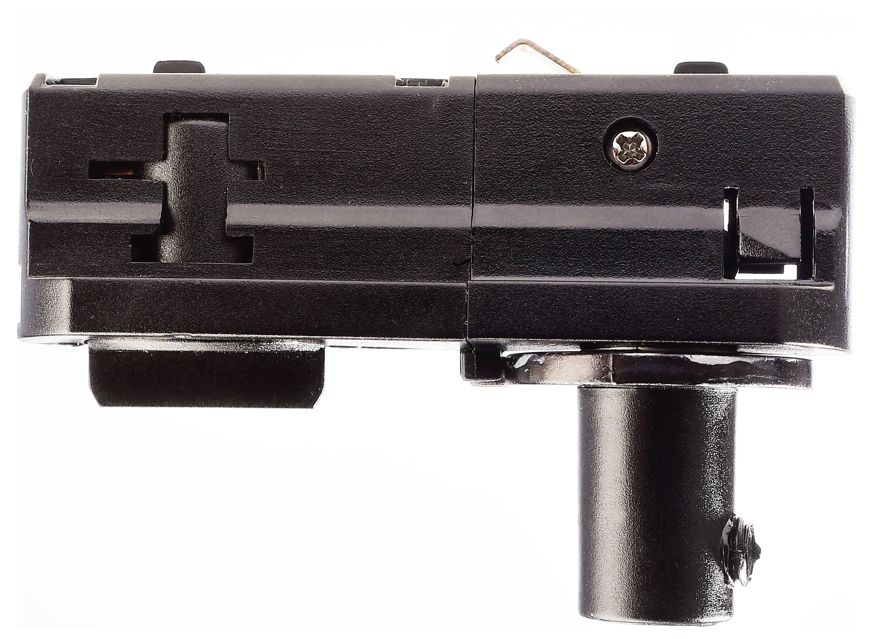 Een zwarte slee-connector met kruisgleuf, schroefverbinding onderaan, wordt gebruikt voor railmontage in verlichtingssystemen.