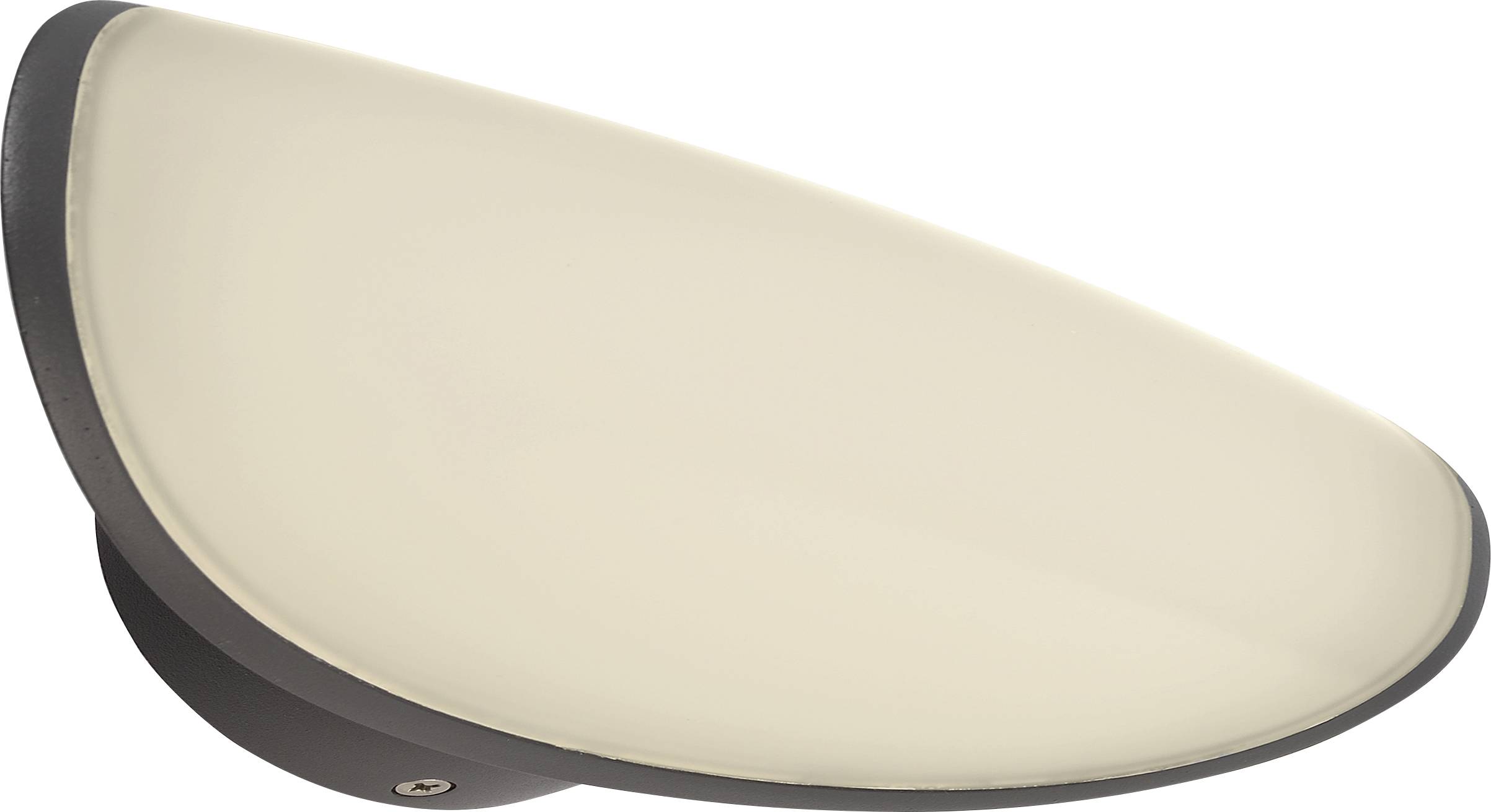 Halfcirkelvormige wandlamp met witte kap en donkere voet, geschikt voor indirecte verlichting van ruimtes.