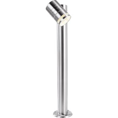 Metalen buitenlamp met een cilindrische kap en voet, straalt helder licht naar beneden. Geschikt voor padverlichting.